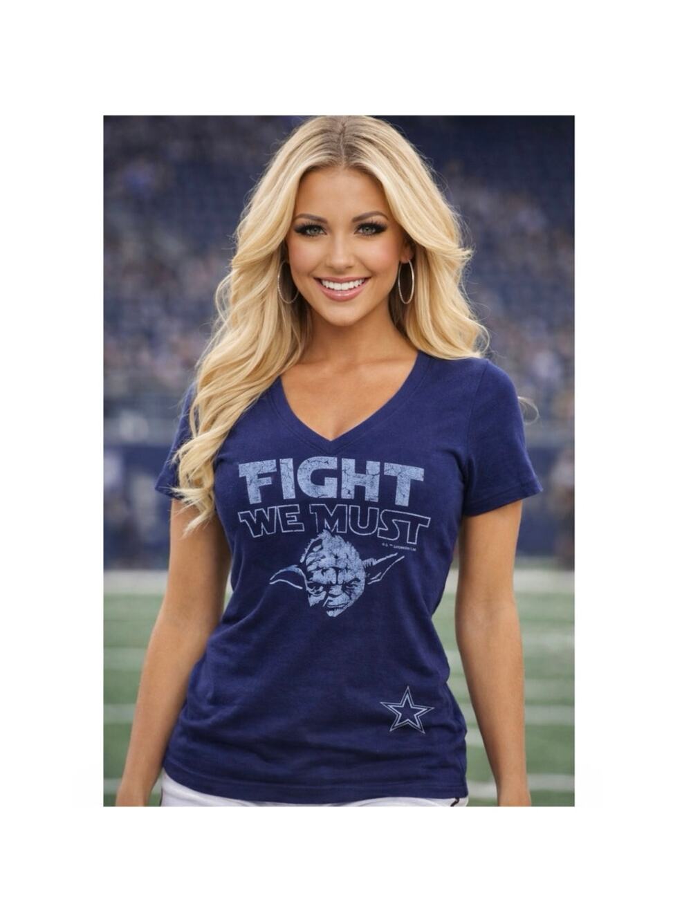 NFL DALLAS COWBOYS STAR WARS Yoda Navy Blue V-Neck T-Shirt Womens M NWT New 6 8